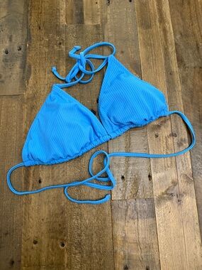 Blue Ribbed Triangle Bikini Top